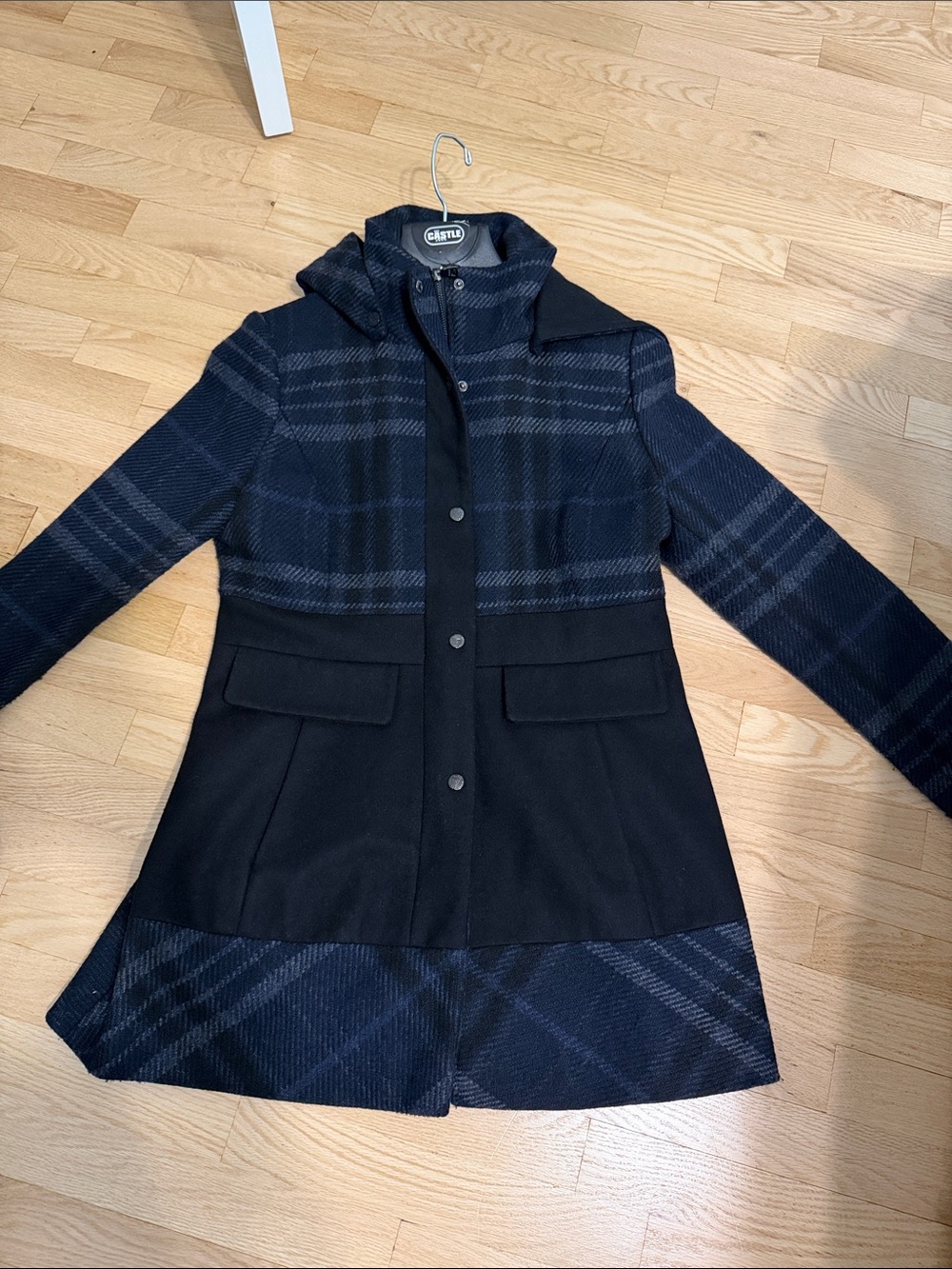Guess Navy & Black Plaid Hooded Peacoat